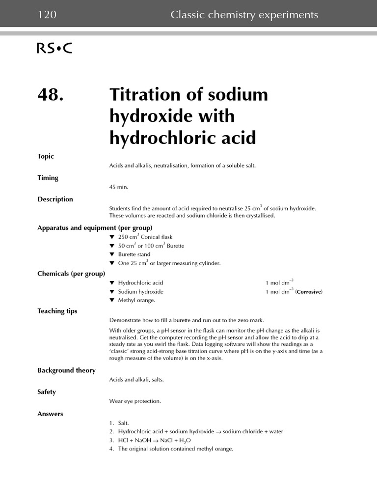 Cce48Titration of Sodium Hydroxide With Hydrochloric Acid PDF Sodium Hydroxide Sodium