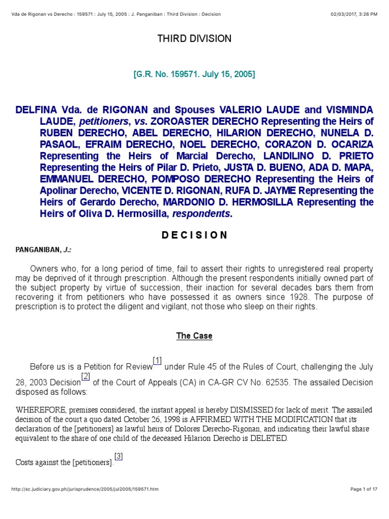 Vda de Rigonan v. Derecho PDF Concurrent Estate Laches (Equity)