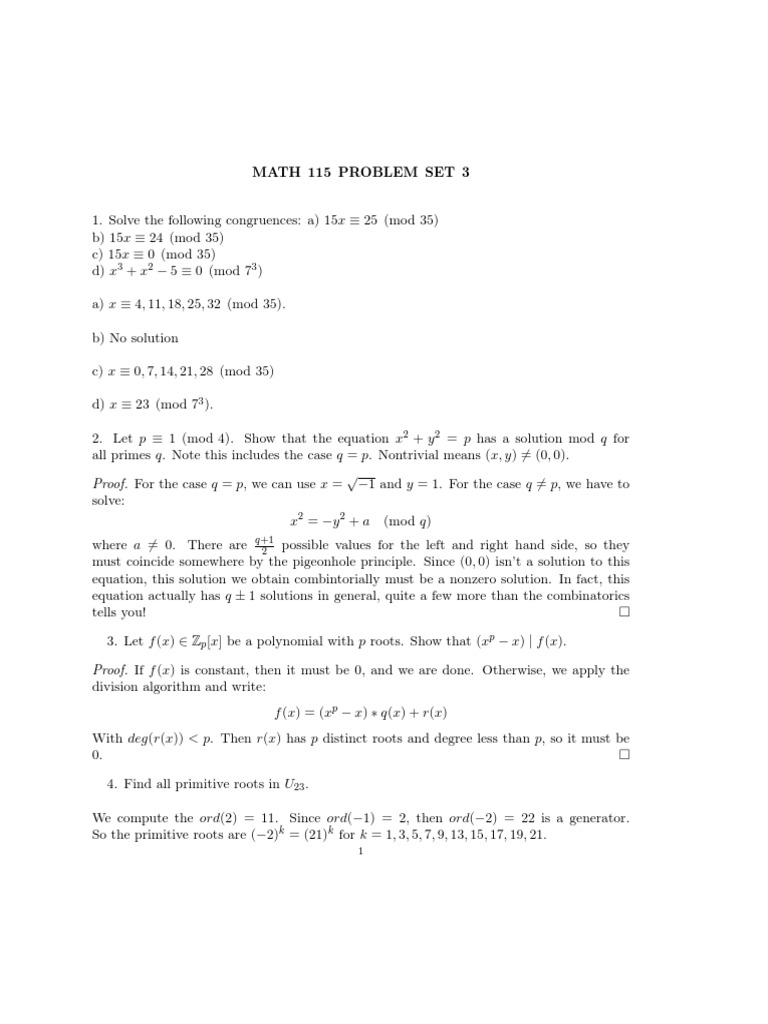 Math 115 Problem Set 3 Solutions | PDF | Quadratic Equation | Equations