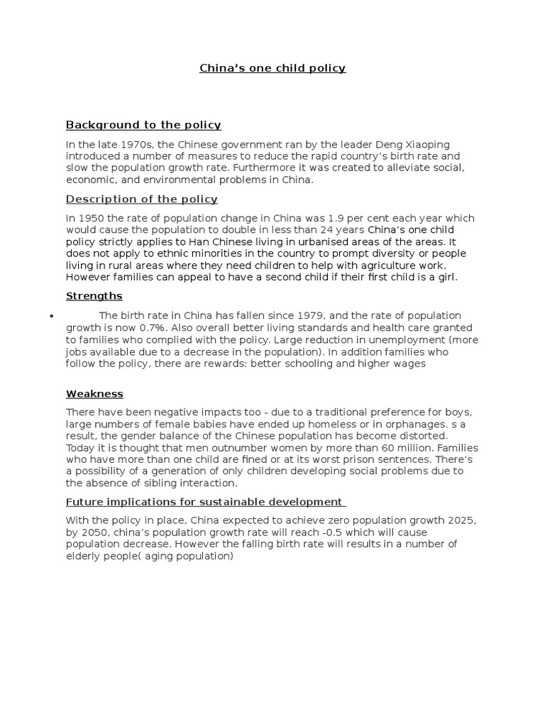 China's One Child Policy Description of The Policy PDF