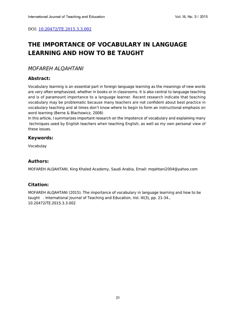 The Importance of Vocabulary PDF | PDF