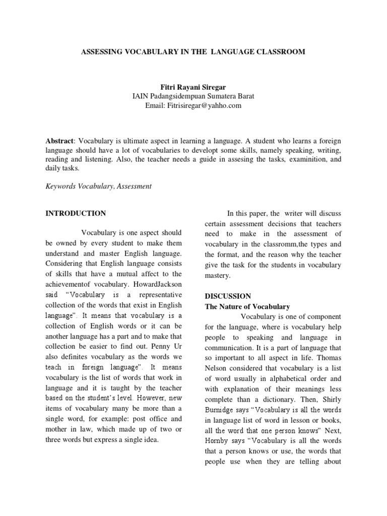 Assessing Vocabulary In The Language Classroom Pdf Vocabulary