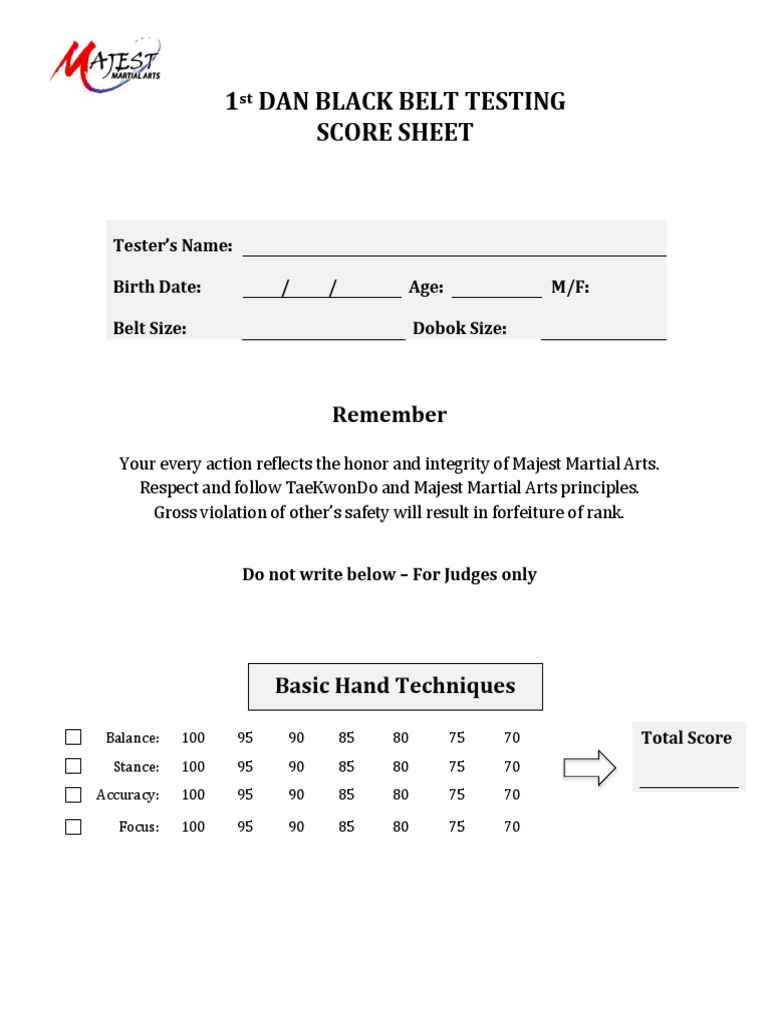 1st DAN Black Belt Testing Score Sheet | PDF | Taekwondo | Korean ...