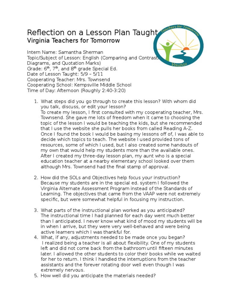Lesson Plan Reflection: English Teaching | PDF | Lesson Plan ...