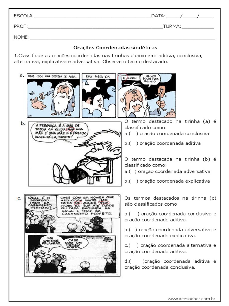 Atividade de português: Orações coordenadas sindéticas – 8º ou 9º ano ...
