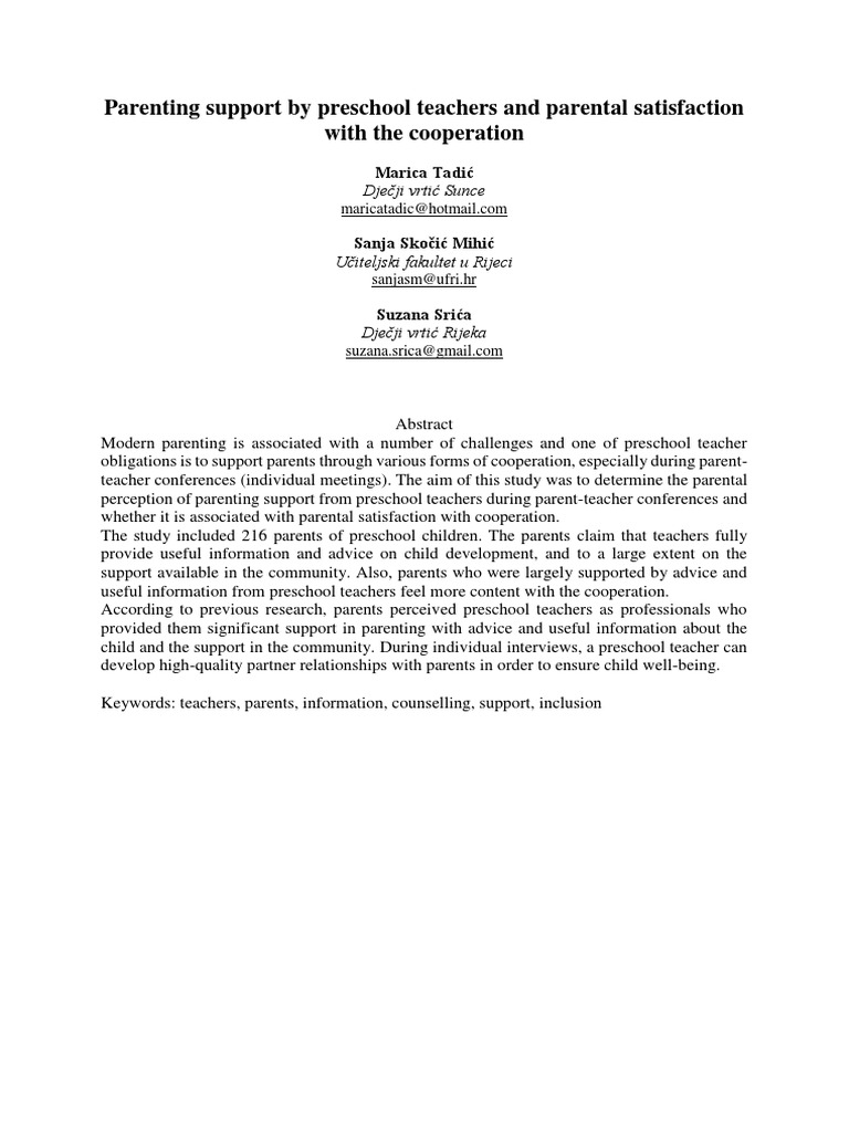 Parenting Support by Preschool Teachers and Parental Satisfaction With ...