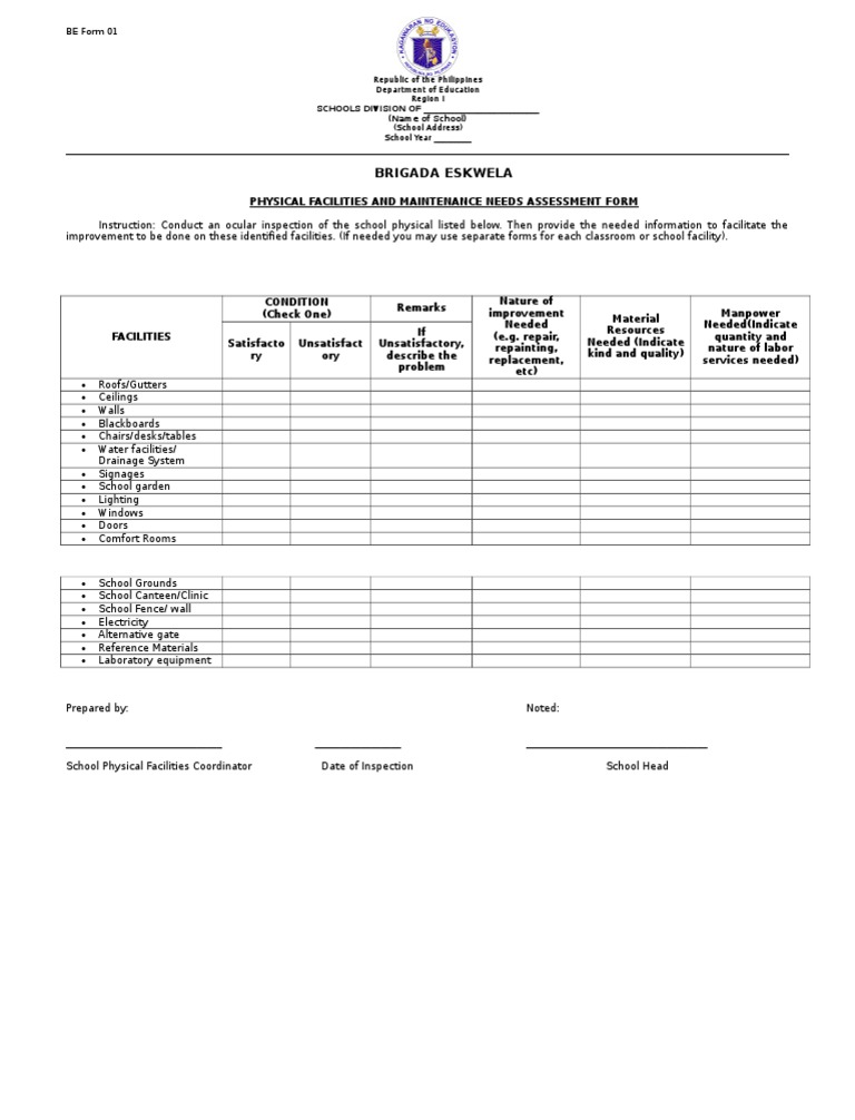 Brigada Eskwela Facilities Assessment Form | PDF | Further Education ...