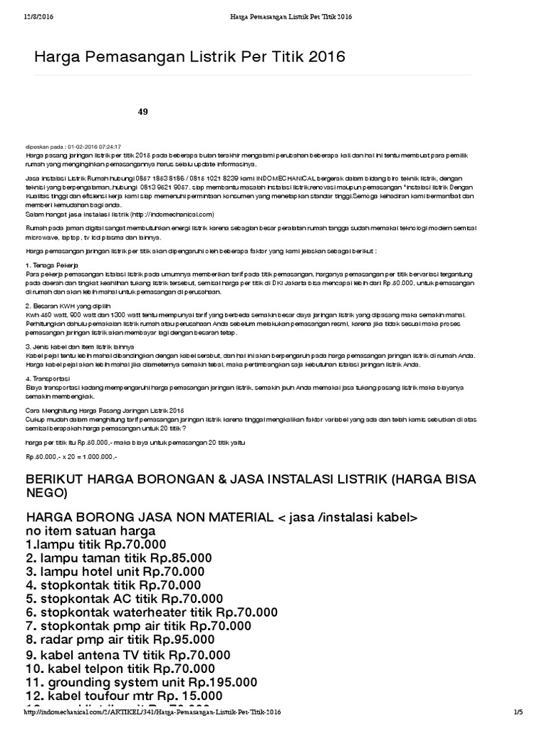 Harga Pemasangan Listrik Per Titik 2016
