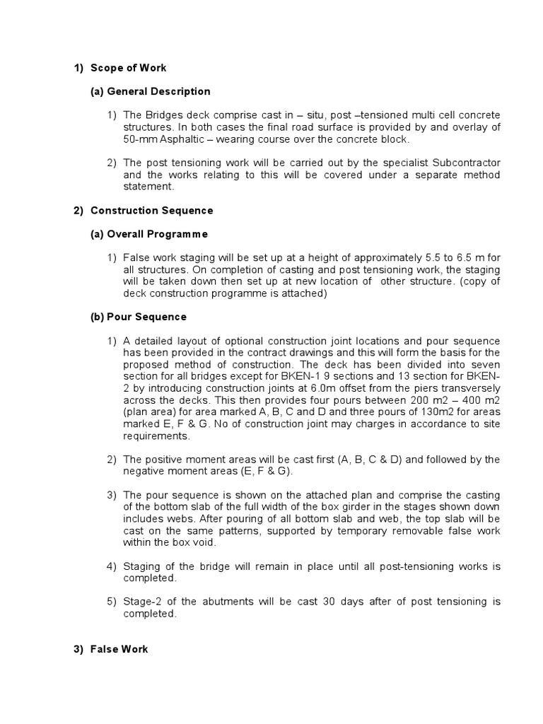Method Statement For Bridge Deck Pours | PDF | Prestressed Concrete ...