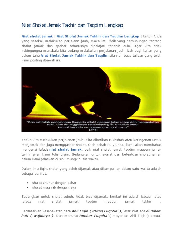 Niat Sholat Jamak Takhir Dan Taqdim Lengkap