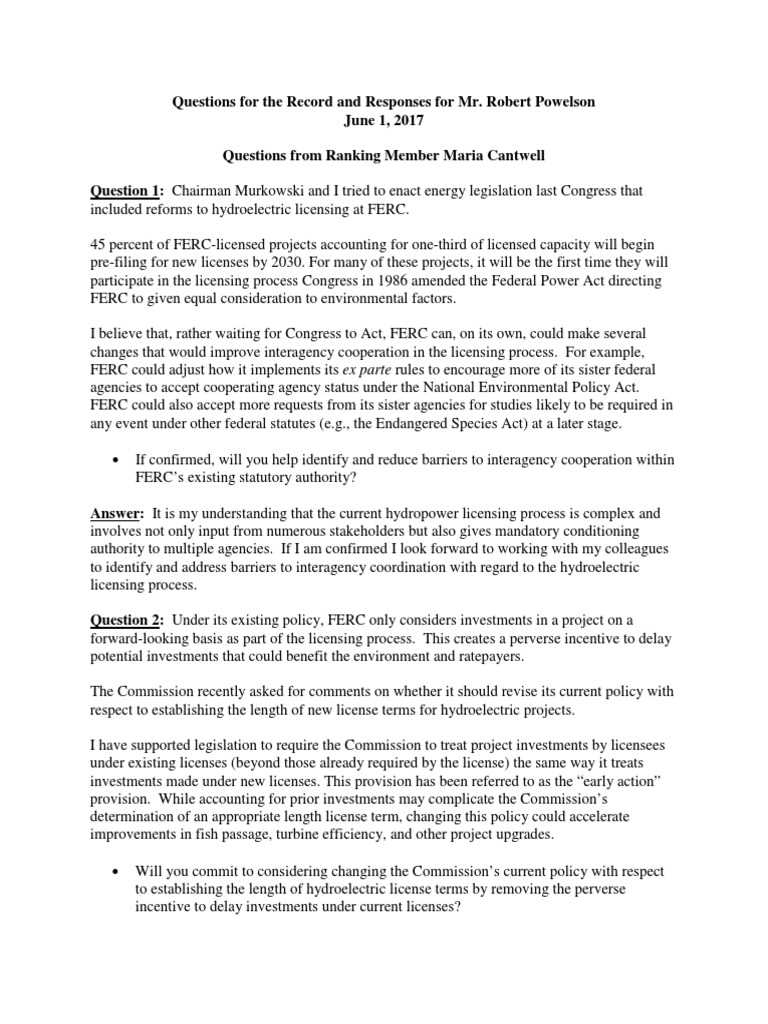 Powelson QFRs | PDF | Federal Energy Regulatory Commission | Fuels