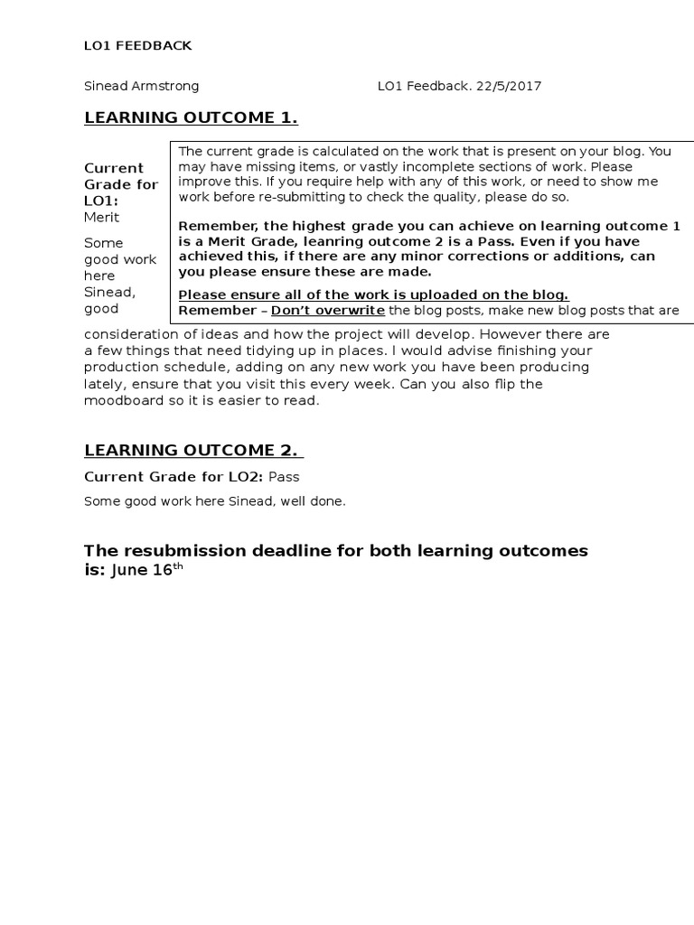Lo1 20and 20lo2 20feedback 20 - 20sinead-2 | PDF | Cognition | Business