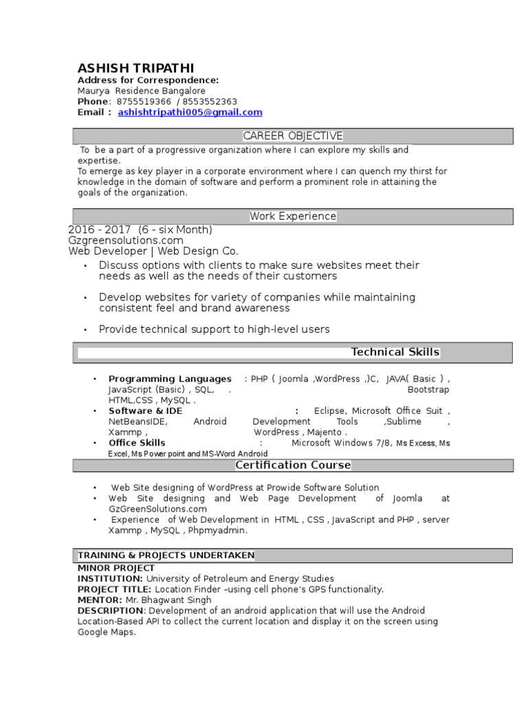 resume format for 6 months experience