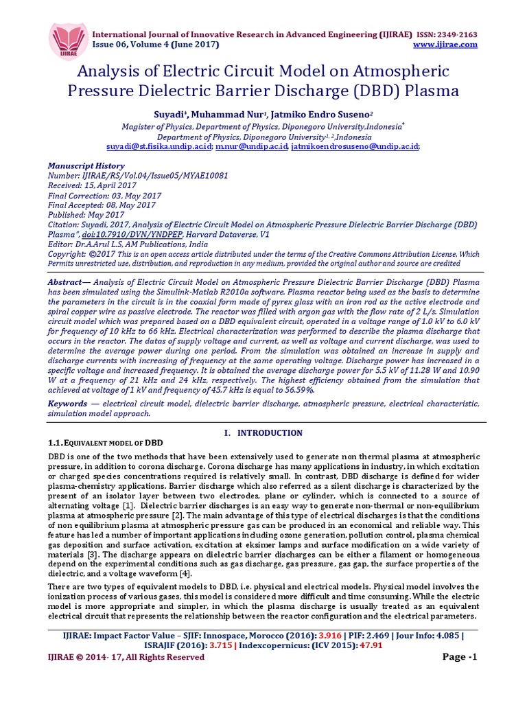 Analysis of Electric Circuit Model On Atmospheric Pressure Dielectric ...