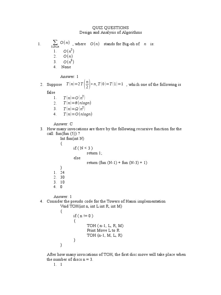 Quiz Questions - 1 | PDF | Algorithms And Data Structures | Applied ...