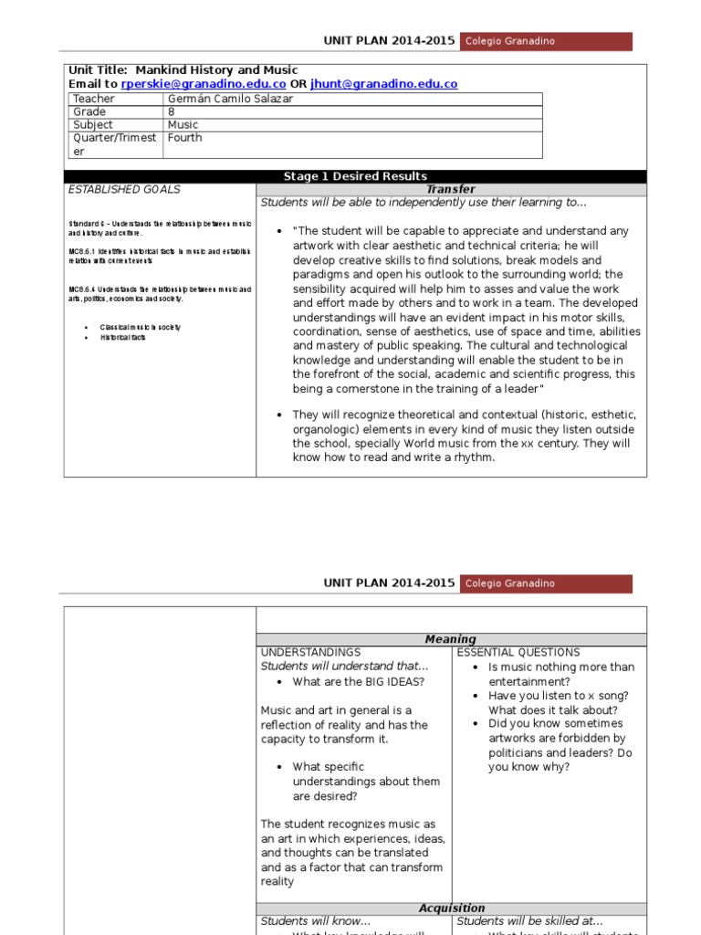 Mankind History and Music Unit Plan | PDF | Educational Assessment ...