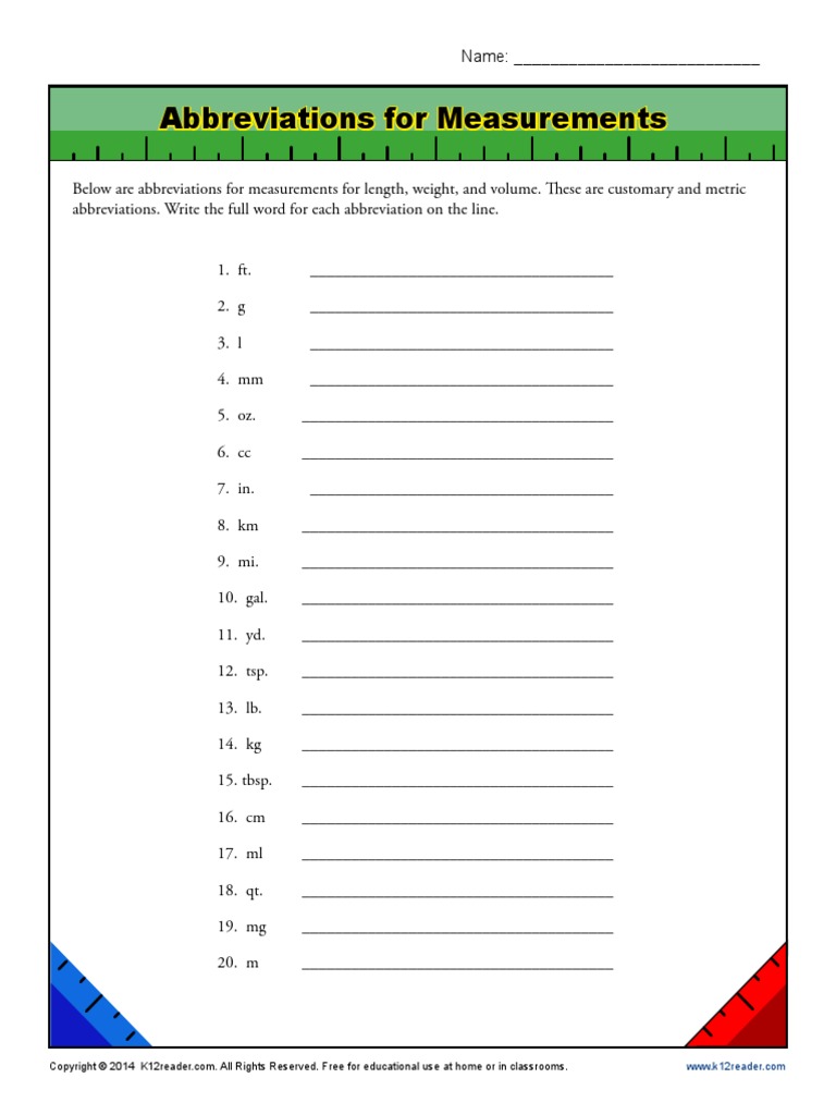 Abbreviations for Measurements Tablespoon Gallon