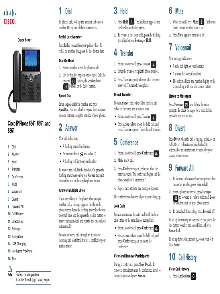 Cisco IP Phone 8841 8851 And 8861 Quick Start Telephone Voicemail