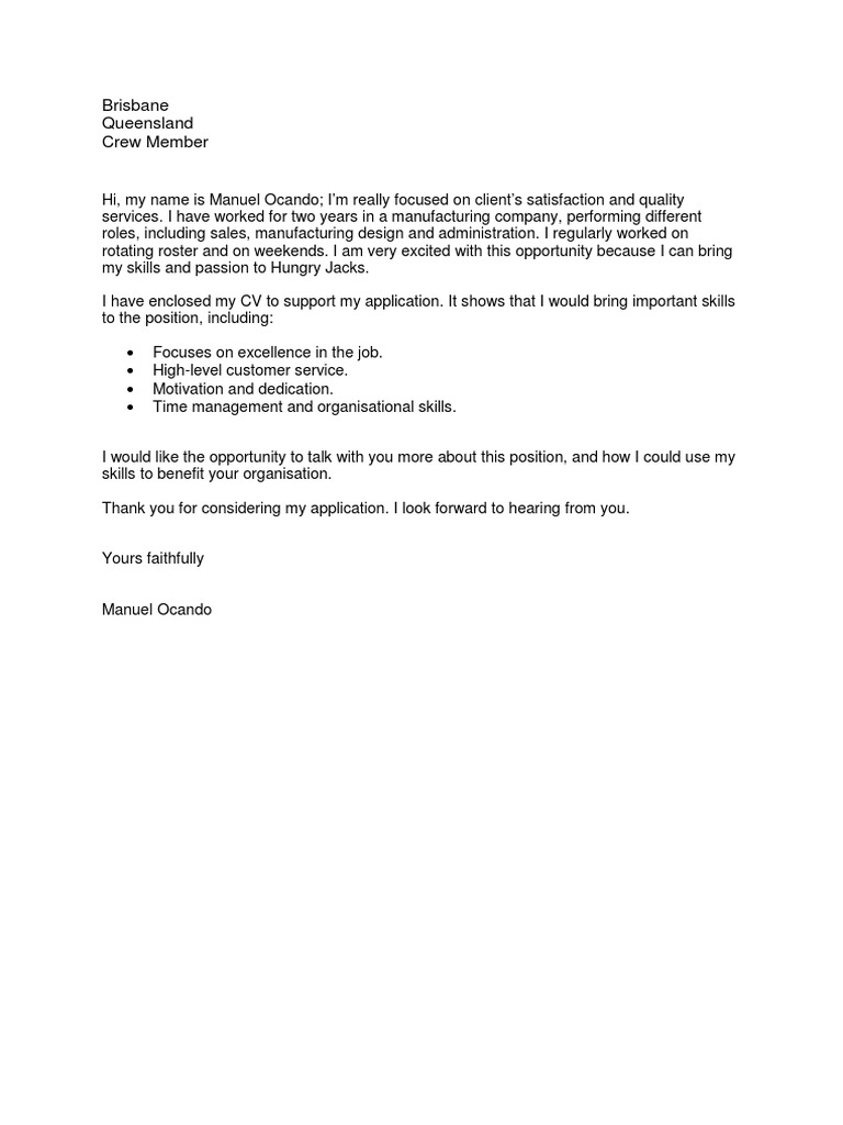 Cover Letter Hungry Jack