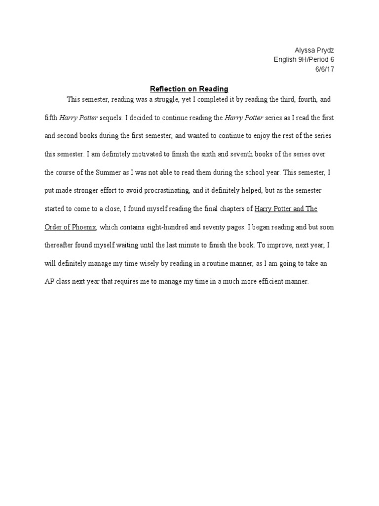 Reflection On Reading: Alyssa Prydz English 9H/Period 6 6/6/17 | PDF