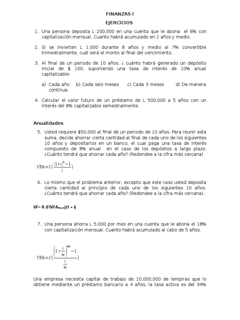 Ejercicios Finanzas I | PDF | Tasas de interés | Bancos