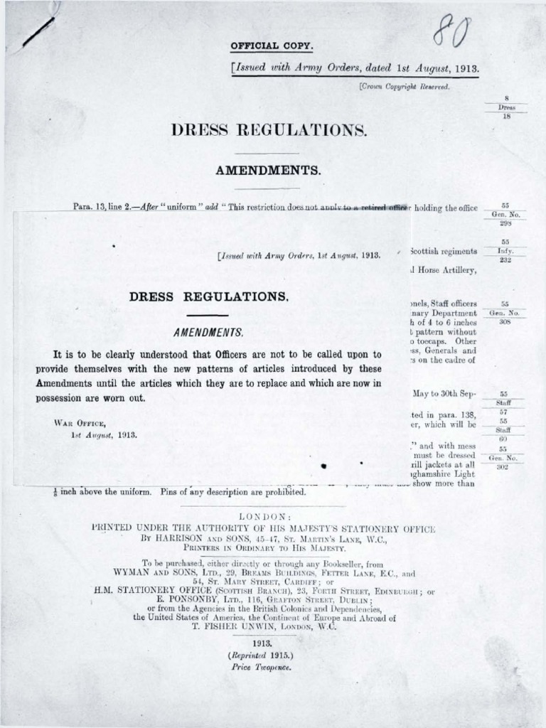 British Army Dress Regulations 1913 Amendments With 1911 Regulations