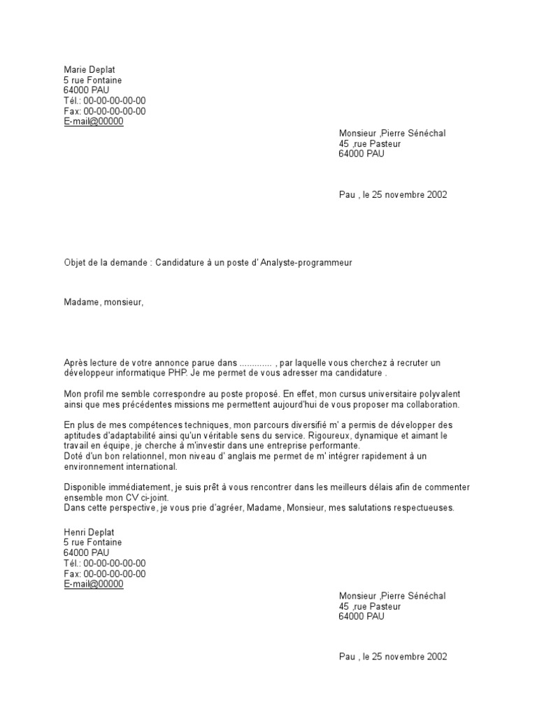 mdele lettre de motivation et CV