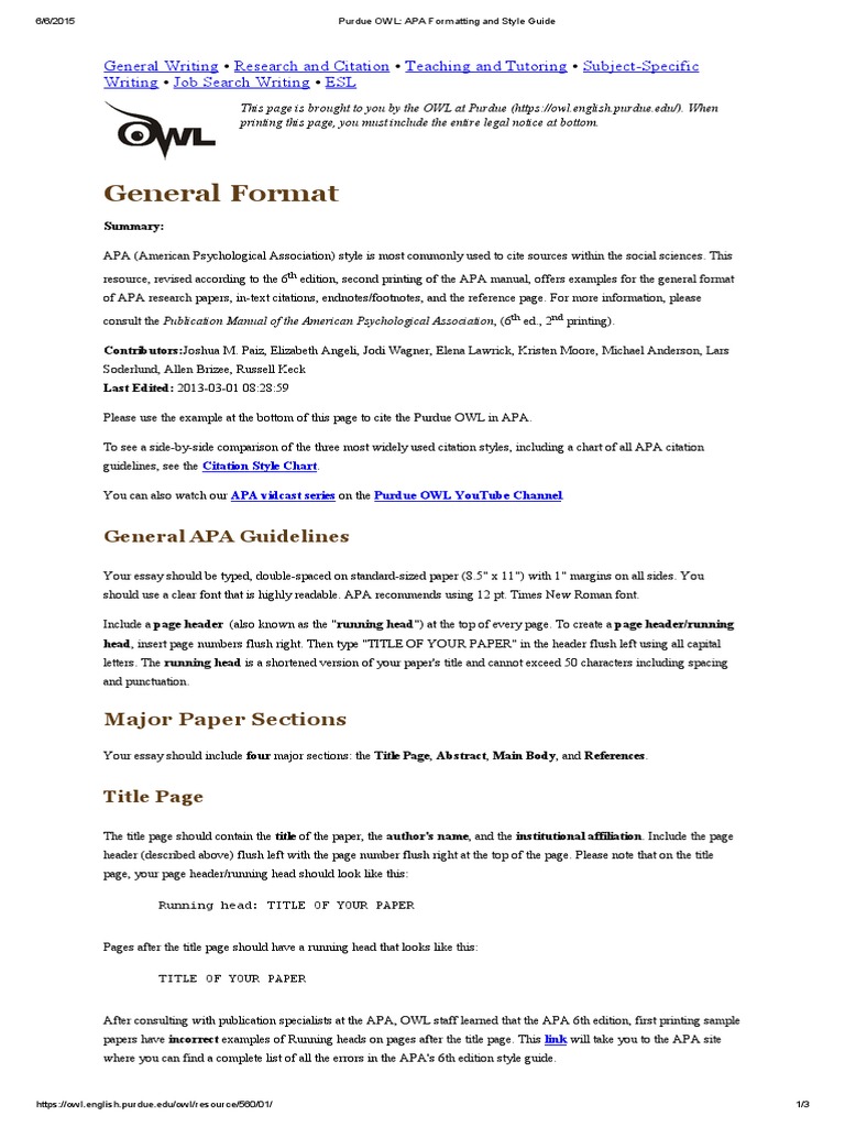 APA General Format &amp; Style Guide American Psychological