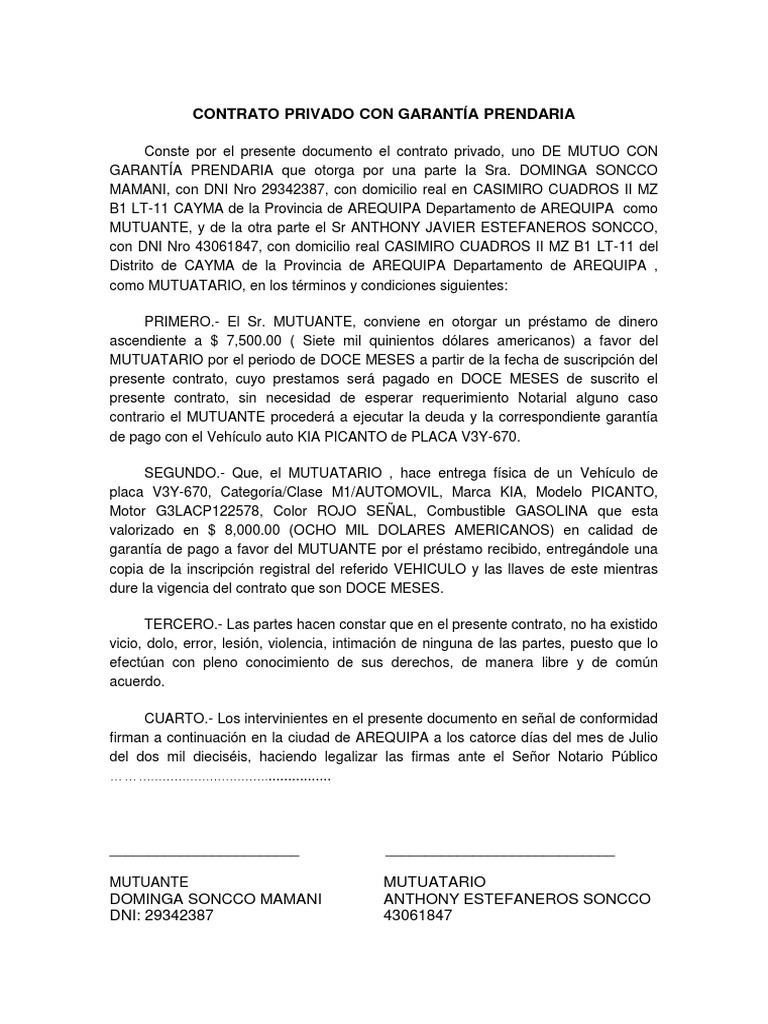 Contrato Privado Con Garantía Prendaria | PDF