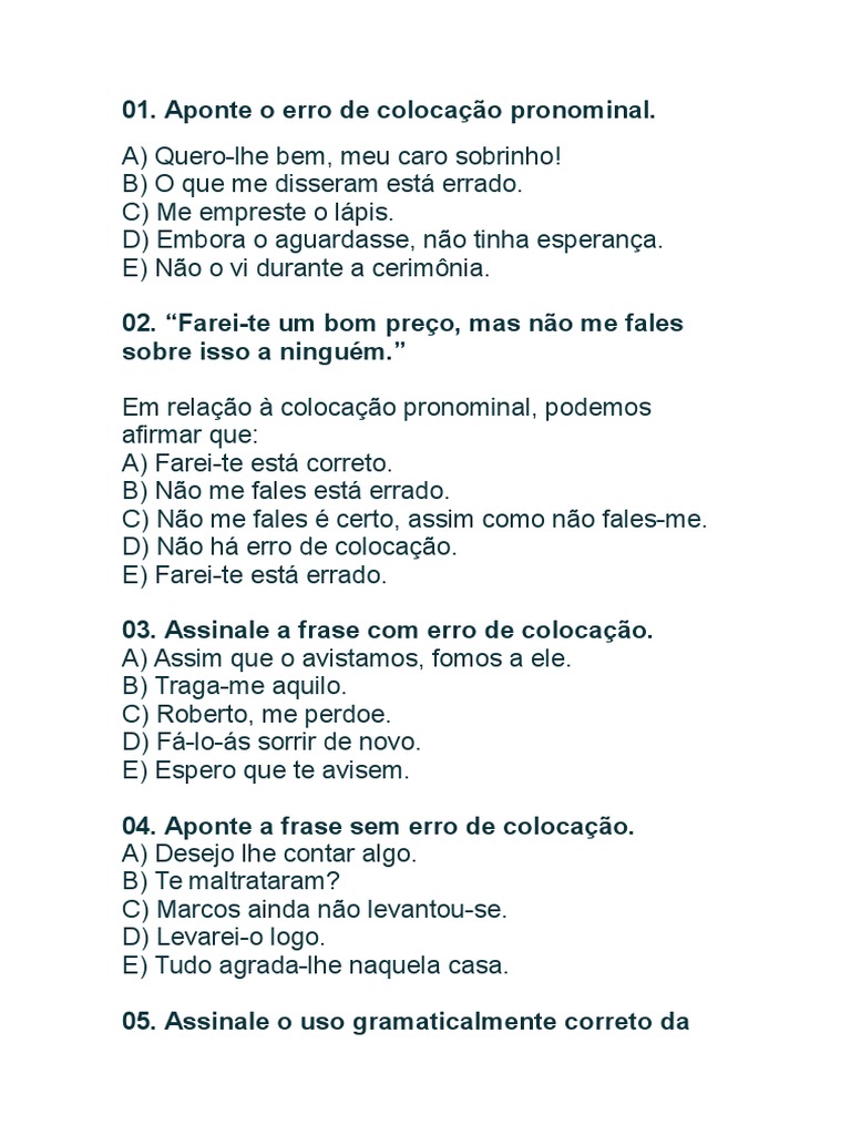 Exercícios de Colocação Pronominal | PDF | Pronome | Verdade