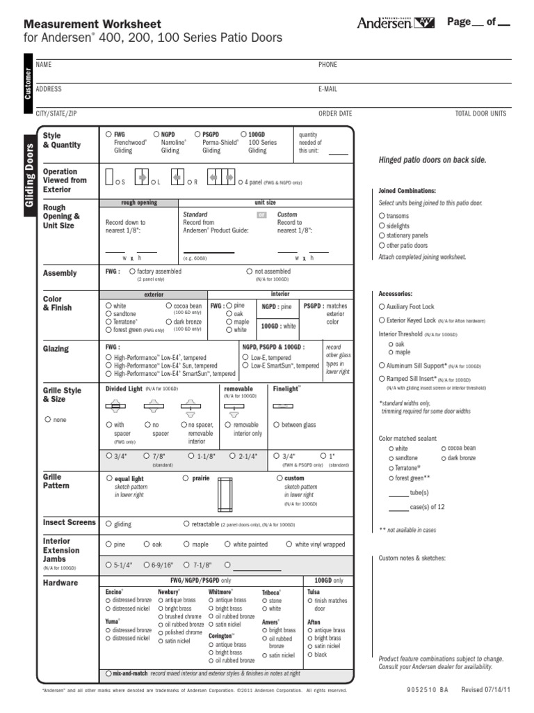 Andersen MeasurementGuideTearPad400200100SeriesPatioDoor