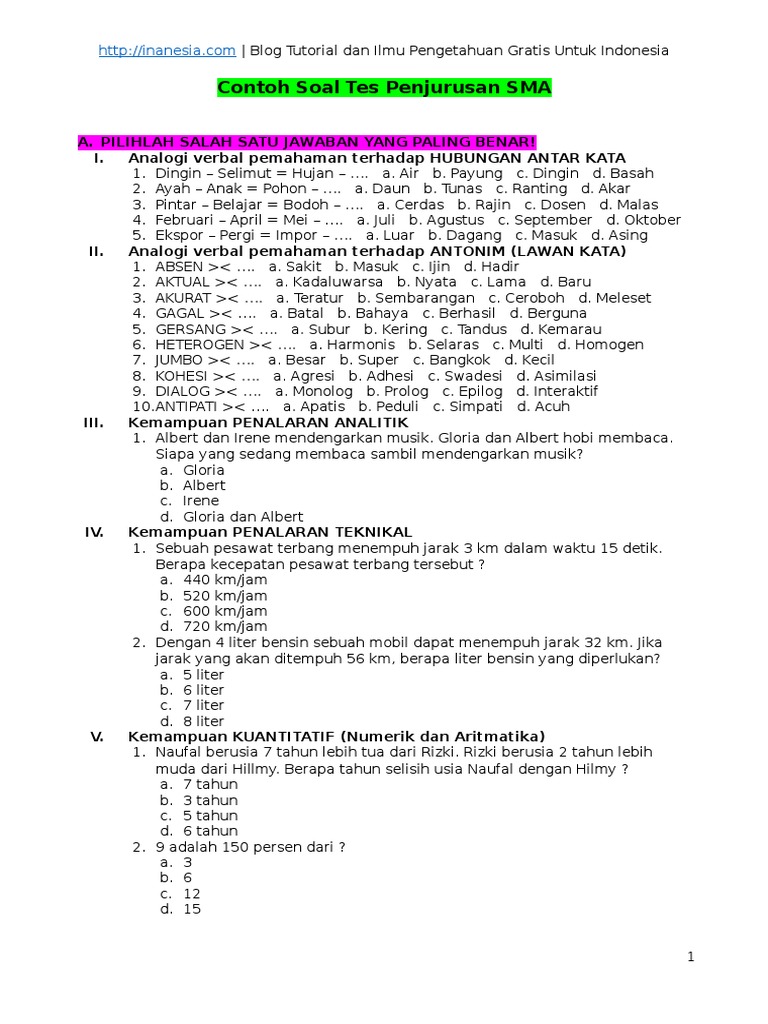 Soal Tes Peminatan Jurusan Ipa Untuk Sma