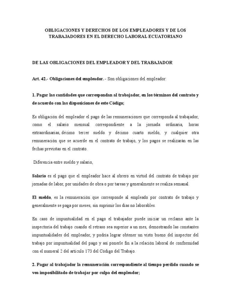 Derechos y Obligaciones Laborales en Ecuador | PDF | Salario | Derecho ...