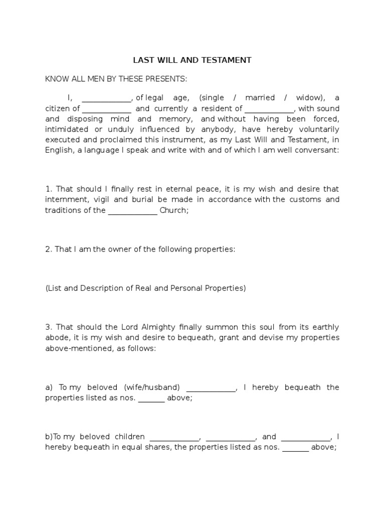 Indiana Last Will and Testament Template | PDF | Will And Testament ...