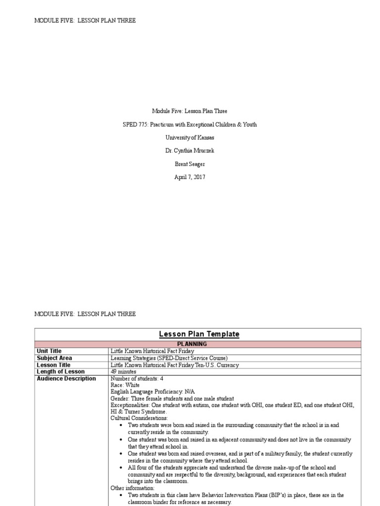 SPED Lesson Plan: U.S. Currency Facts | PDF | Lesson Plan | Decision Making