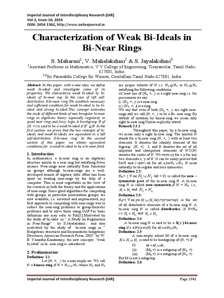 Characterization of Weak BiIdeals in BiNear Rings PDF Ring