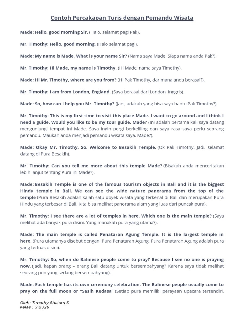 Contoh Percakapan Turis Dengan Pemandu Wisata