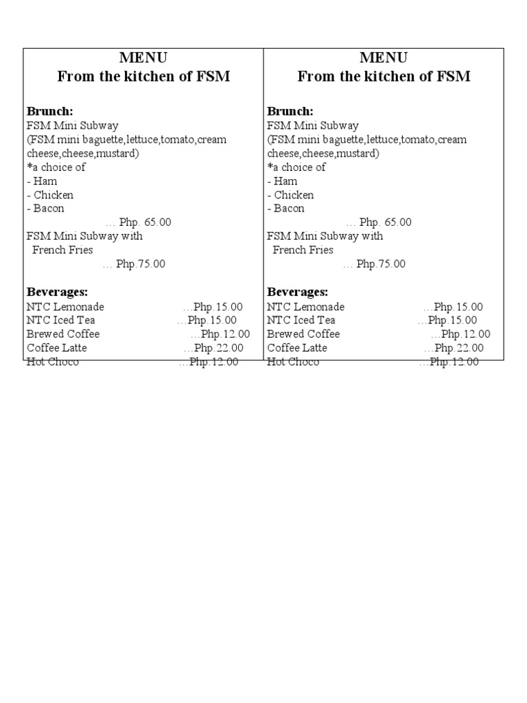 FSM Brunch Menu: Mini Subways & Drinks | PDF