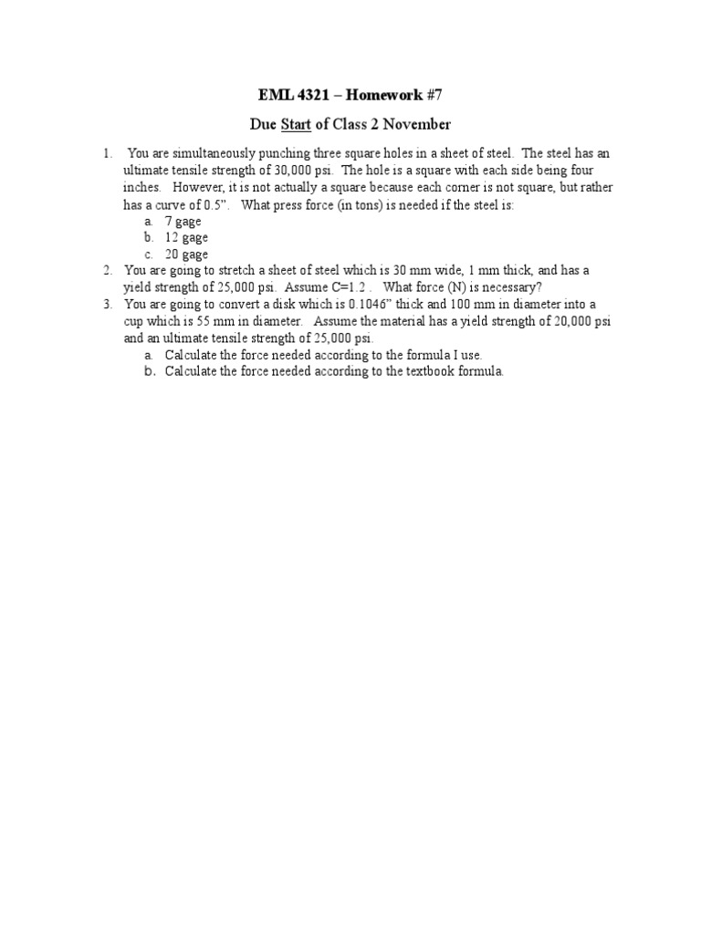 Due Start of Class 2 November: EML 4321 - Homework #7 | PDF
