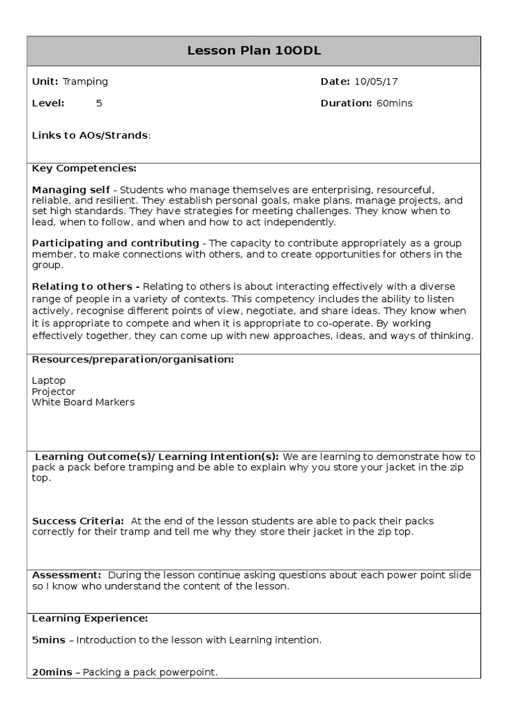 Tramping Lesson Plan: Packing Skills | PDF | Microsoft Power Point ...