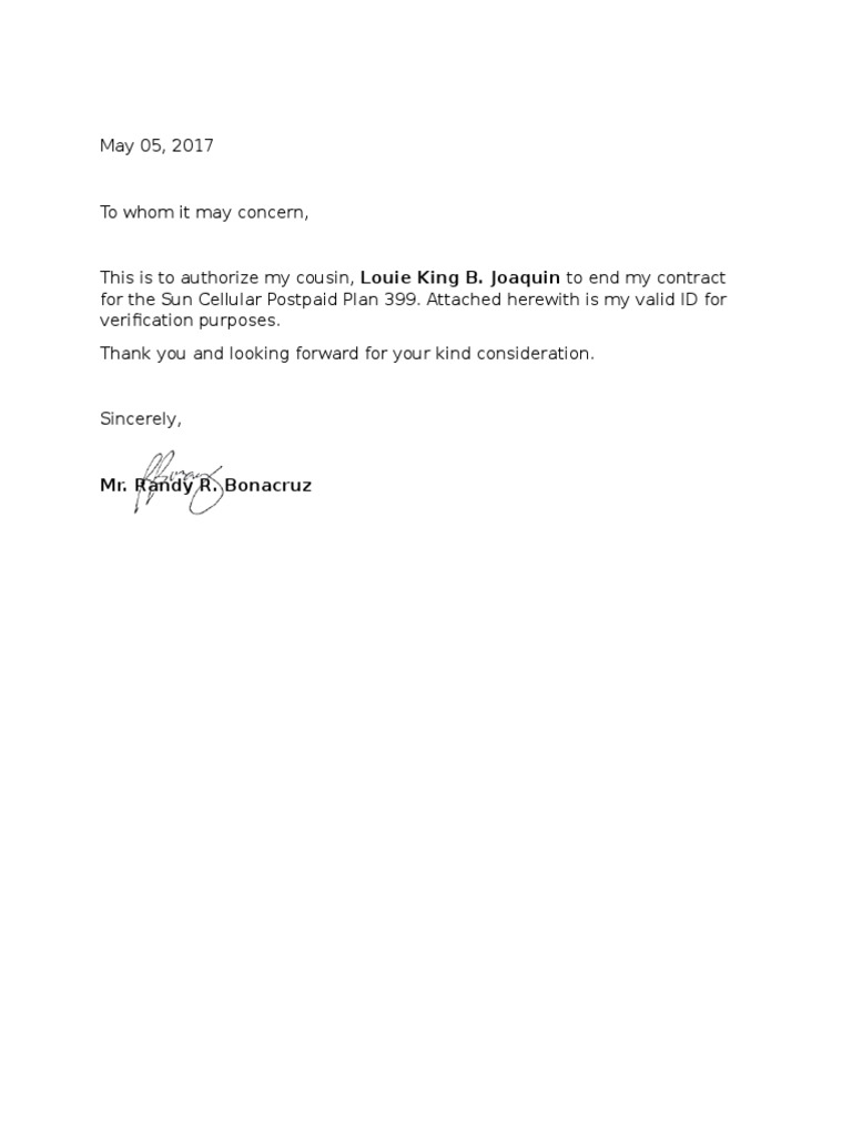 Authorization Letter for Sun Cellular Termination | PDF