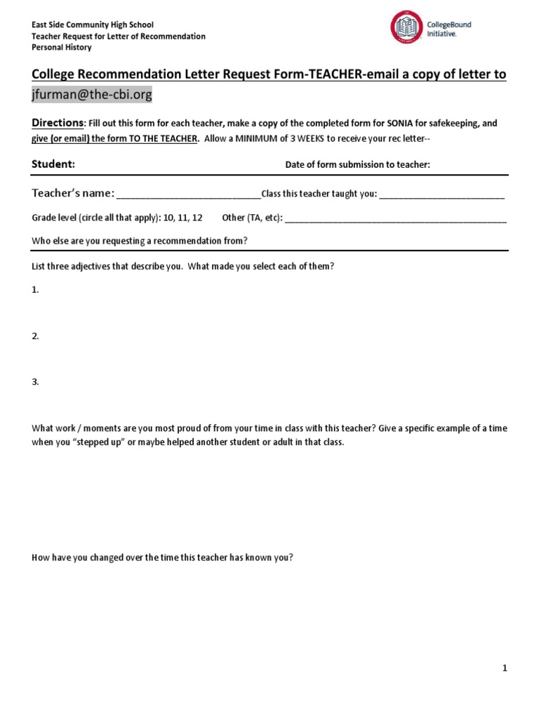 Teacher Letter Request Form Final | Secondary School | Teachers