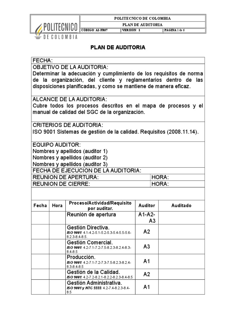 Modelo Plan De Auditoriadoc Gestión De La Calidad Calidad Comercial