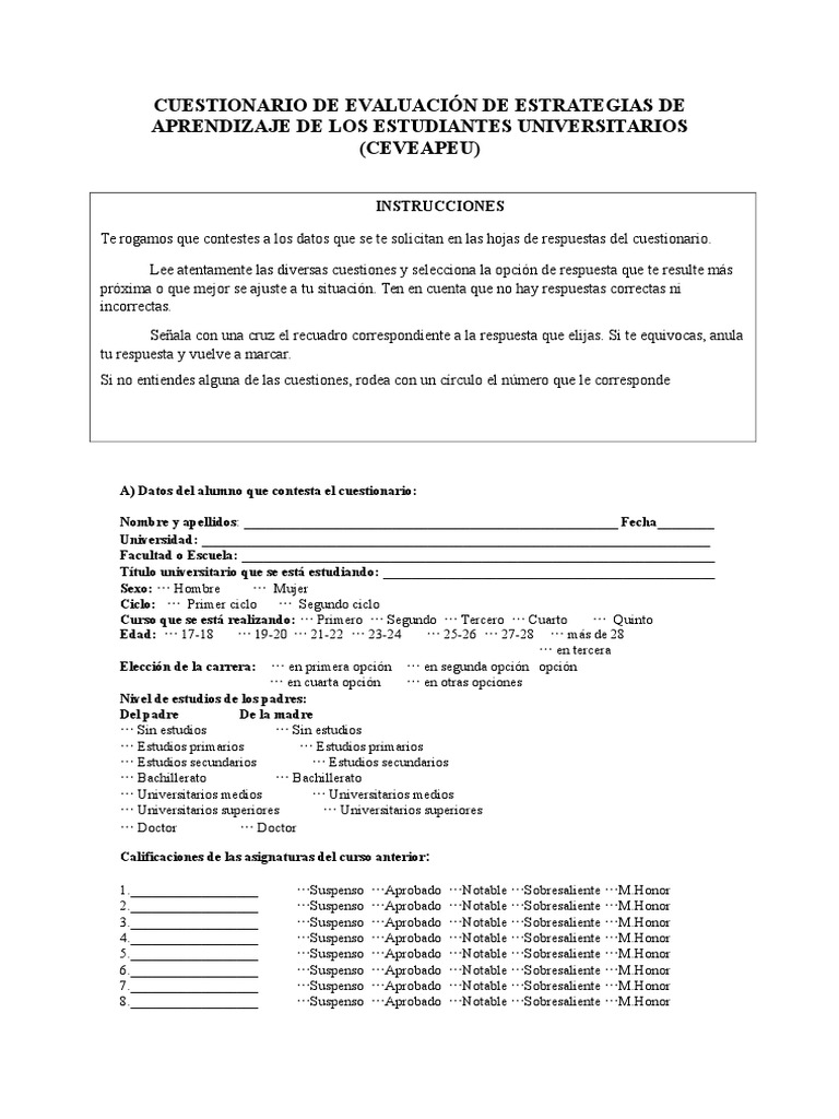 Cuestionario de Estrategias de Aprendizaje | PDF | Prueba (evaluación ...