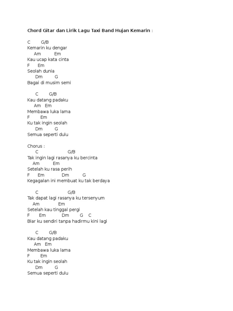 Chord Gitar Dan Lirik Lagu Taxi Band Hujan Kemarin Aku tak ingin dikenal jika hanya untuk dilupakan. chord gitar dan lirik lagu taxi band