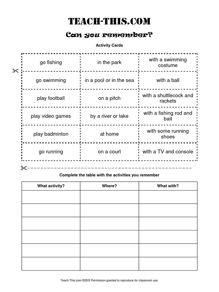 Memory Game for Free Time Activities | PDF | Sports | Leisure