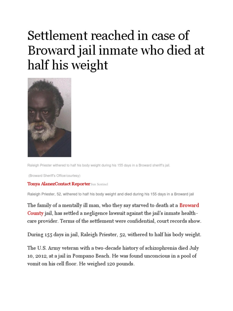 Settlement Reached in Case of Broward Jail Inmate Who Died at Half His
