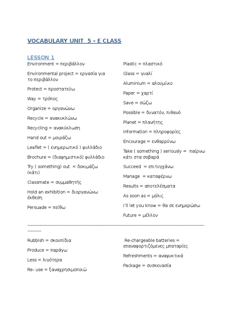 Vocabulary Unit 5 E Class Pdf