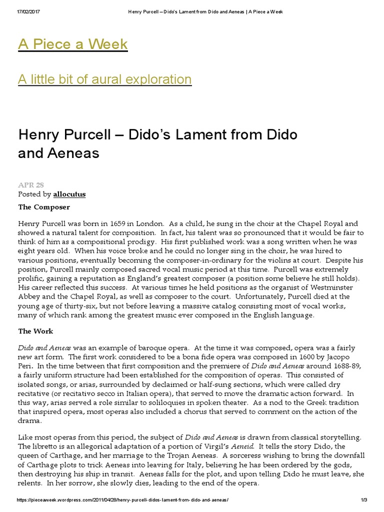 HENRY PURCELL FAMOUS PIECES intelligence overview