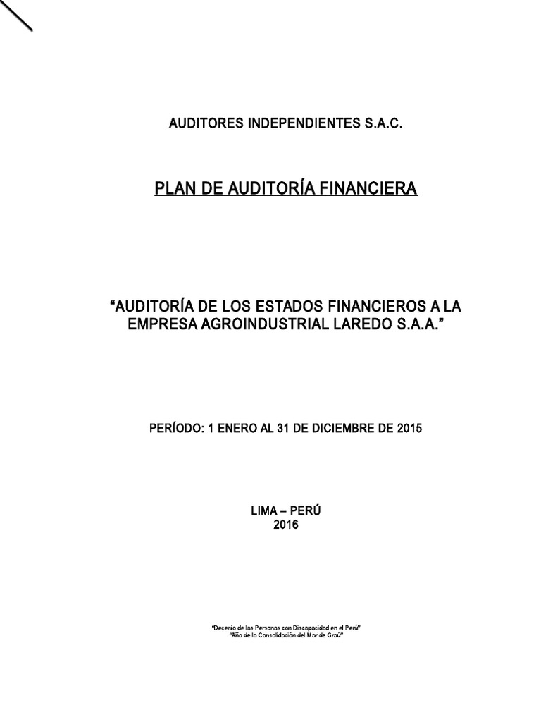 Plan de Auditoría Financiera 2015 | PDF | Auditoría financiera ...